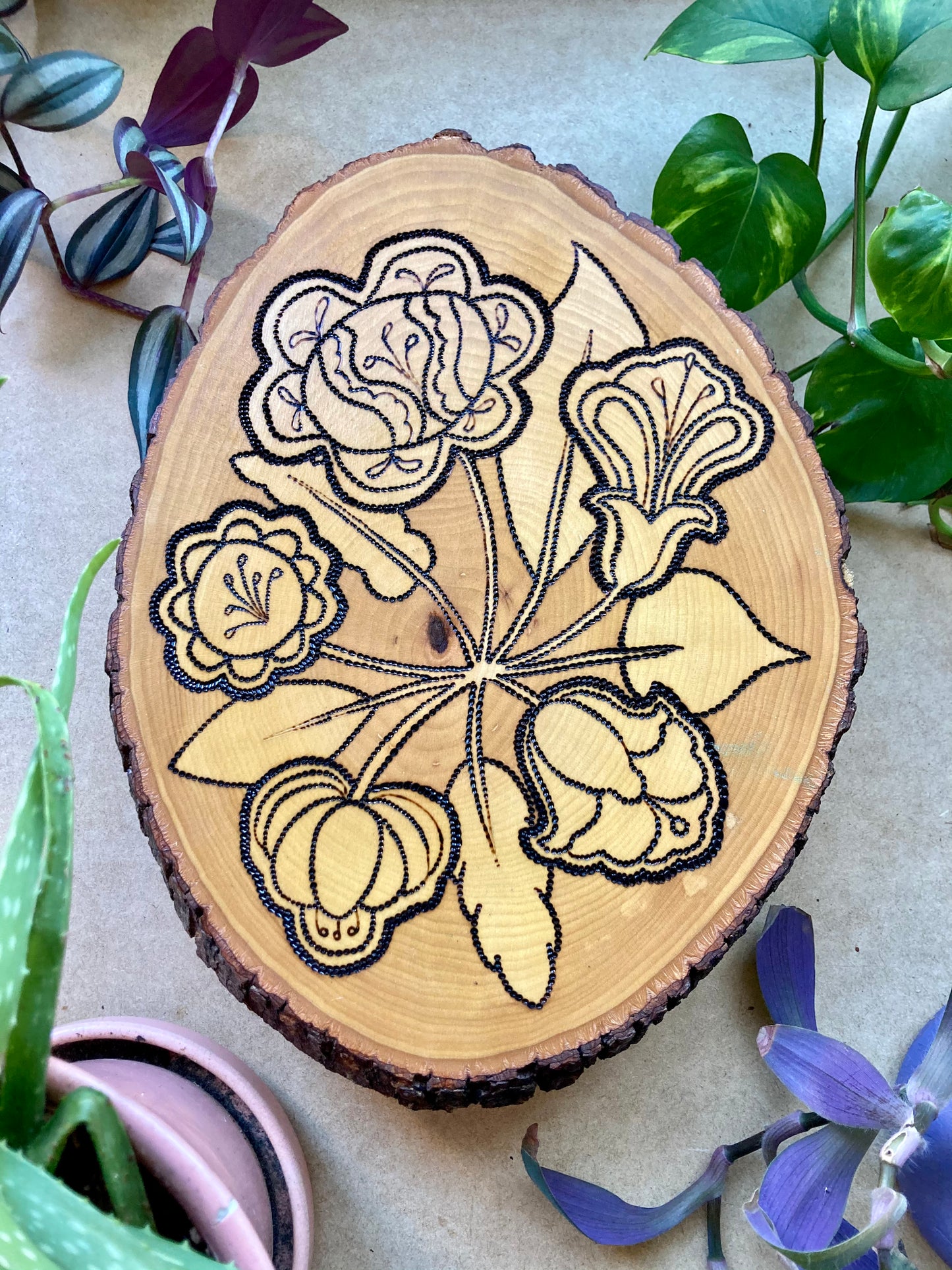 Folk Flowers Wood Burning - handmade Wall Hanging